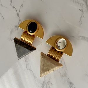 Ying & Yang Art Deco Black Onyx & Glass Black & Ivory Stone Metal Clip Earrings